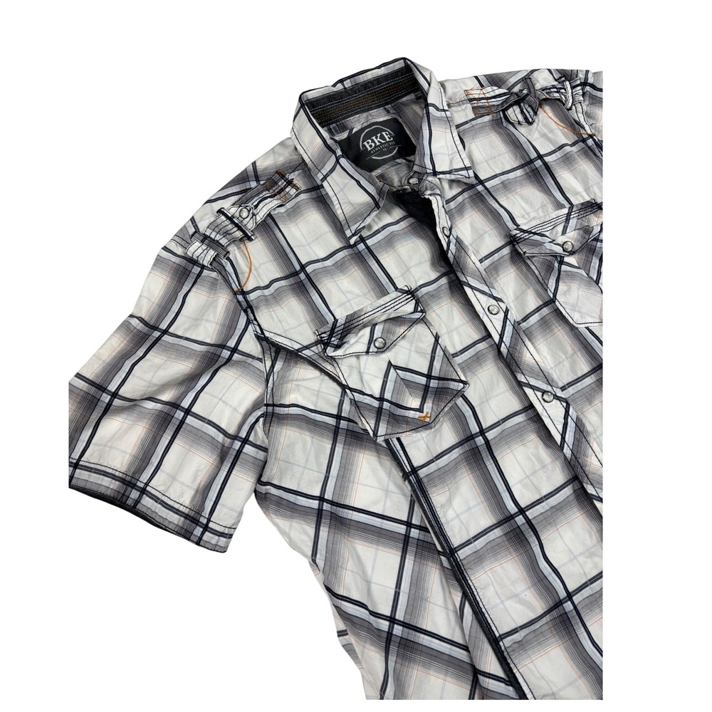BKE Mens Athletic Fit Plaid Pearl Snap Short Sleeve Shirt XL White Grey Black